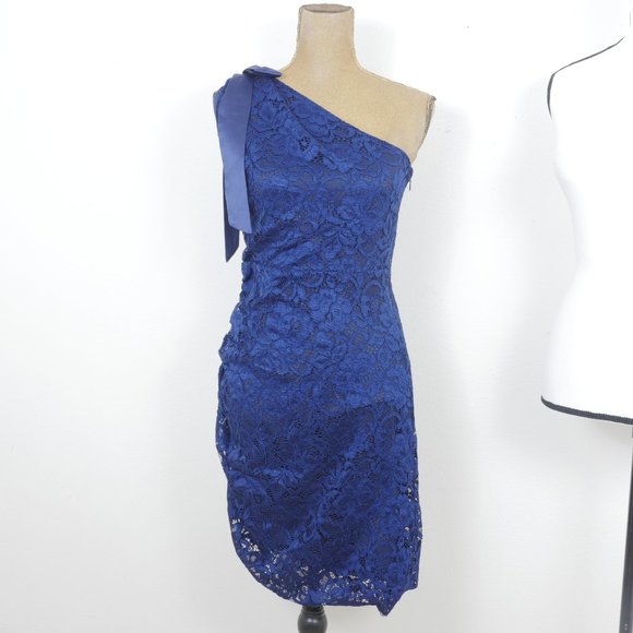 Sam Edelman Navy Lace One Shoulder Bow Gathered Size 4 Style# 72F482 Dress NWT - Picture 1 of 13